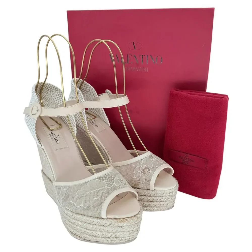VALENTINO GARAVANI Mesh Lace Leather Espadrille Wedge EU 39 US 9 Platform Sandal